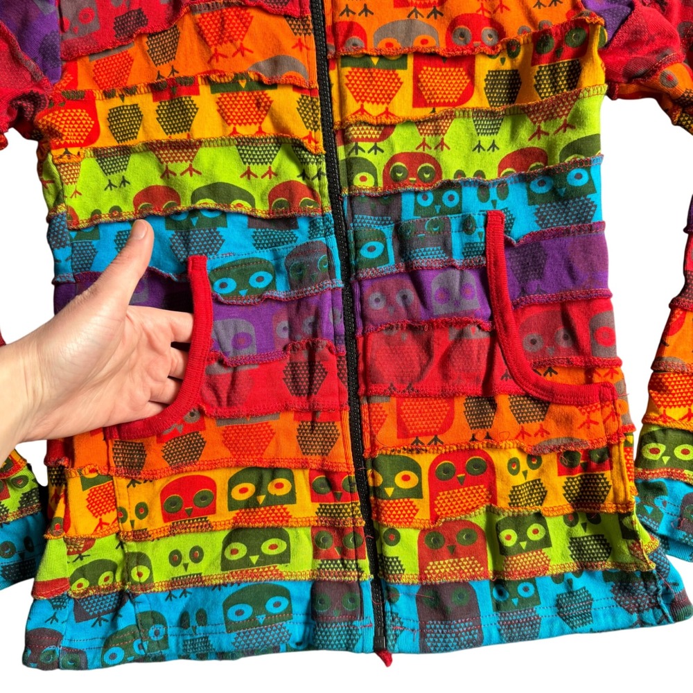 Boho Rainbow Owl Patchwork Hoodie Pixie Hood Hipp… - image 5